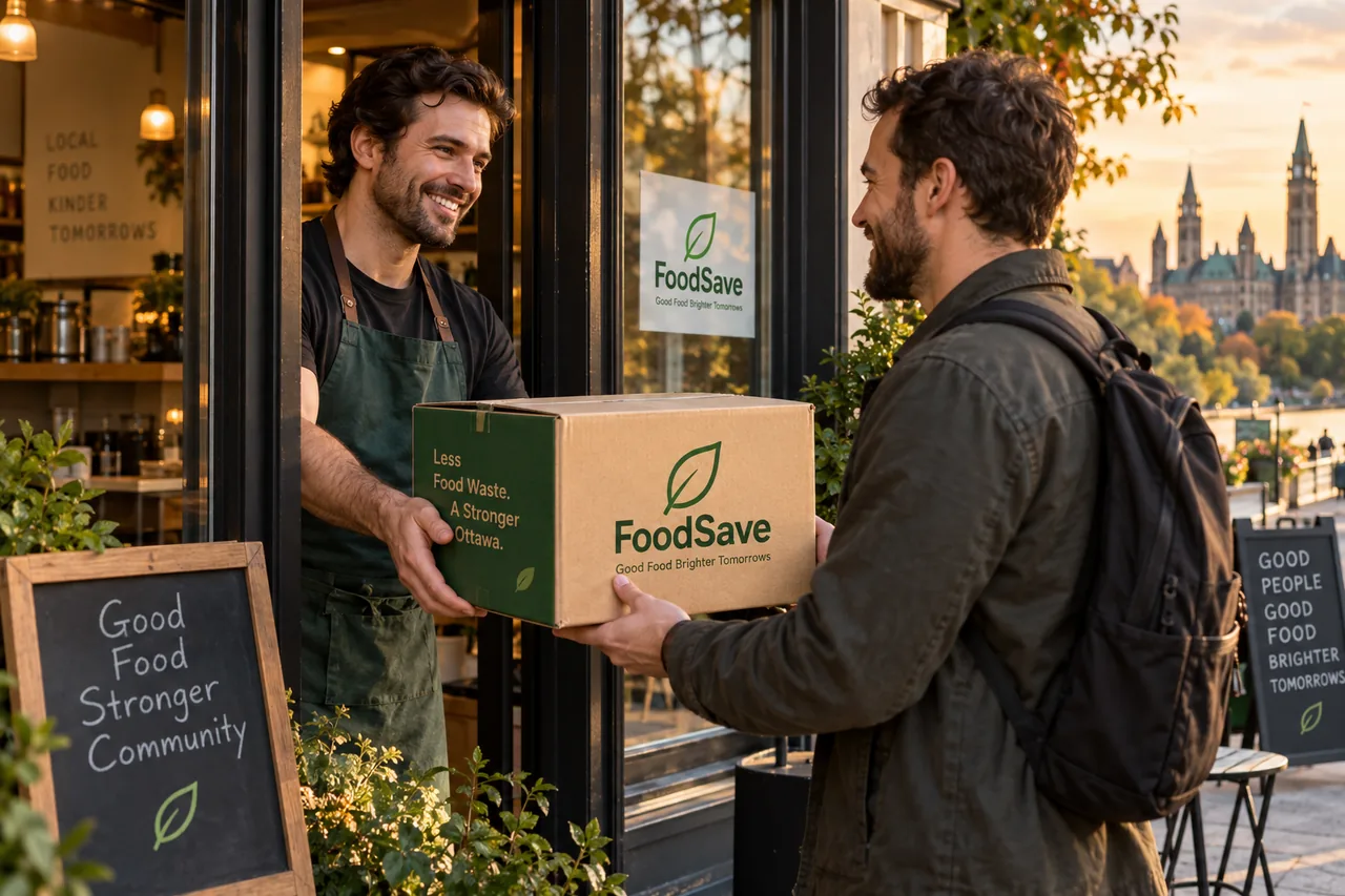 Scène illustrative de récupération FoodSave : un commerçant remet une boîte à un client adulte.