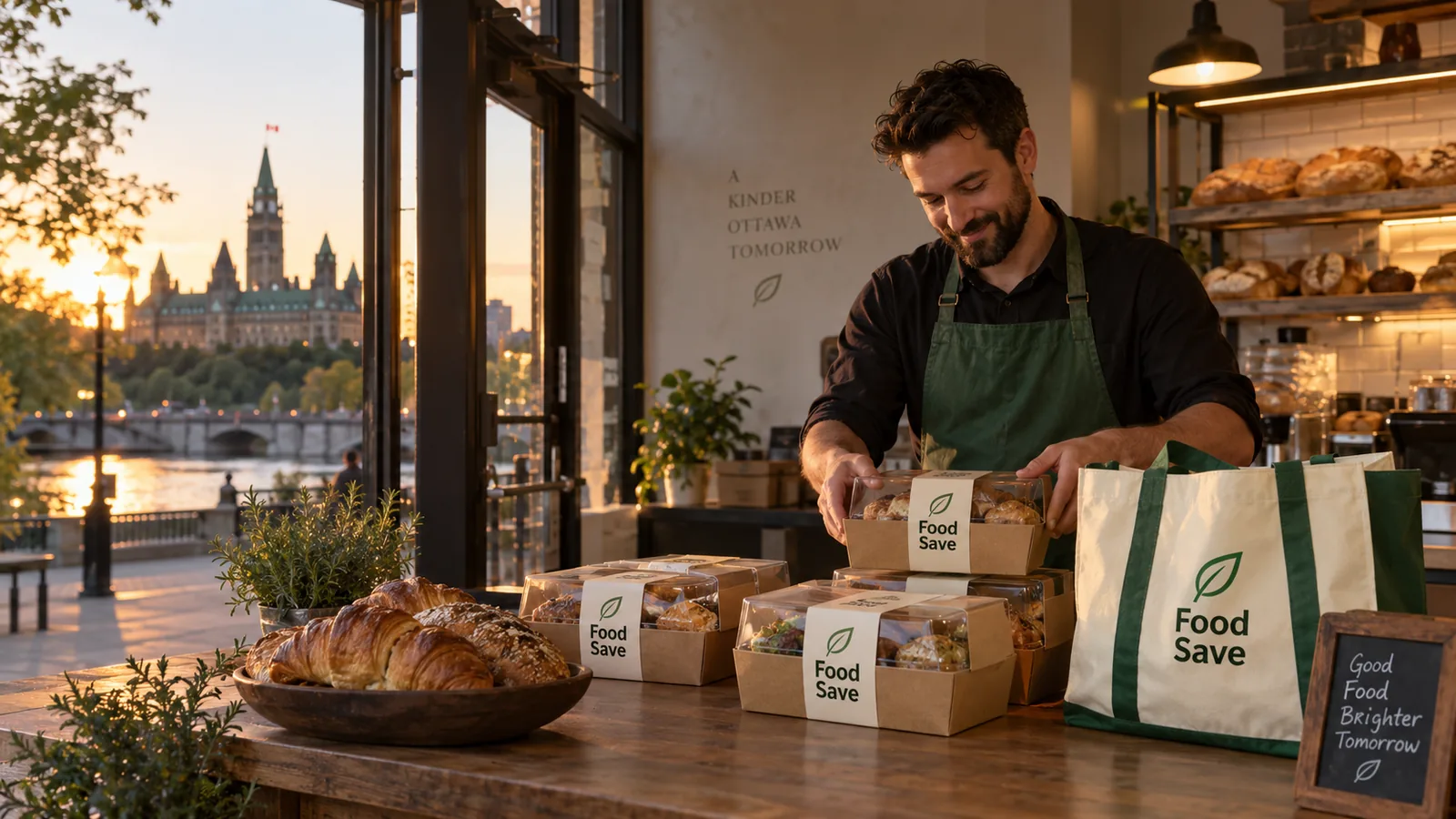 Scène illustrative : un commerçant prépare des boîtes FoodSave dans une boulangerie avec vue sur Ottawa.