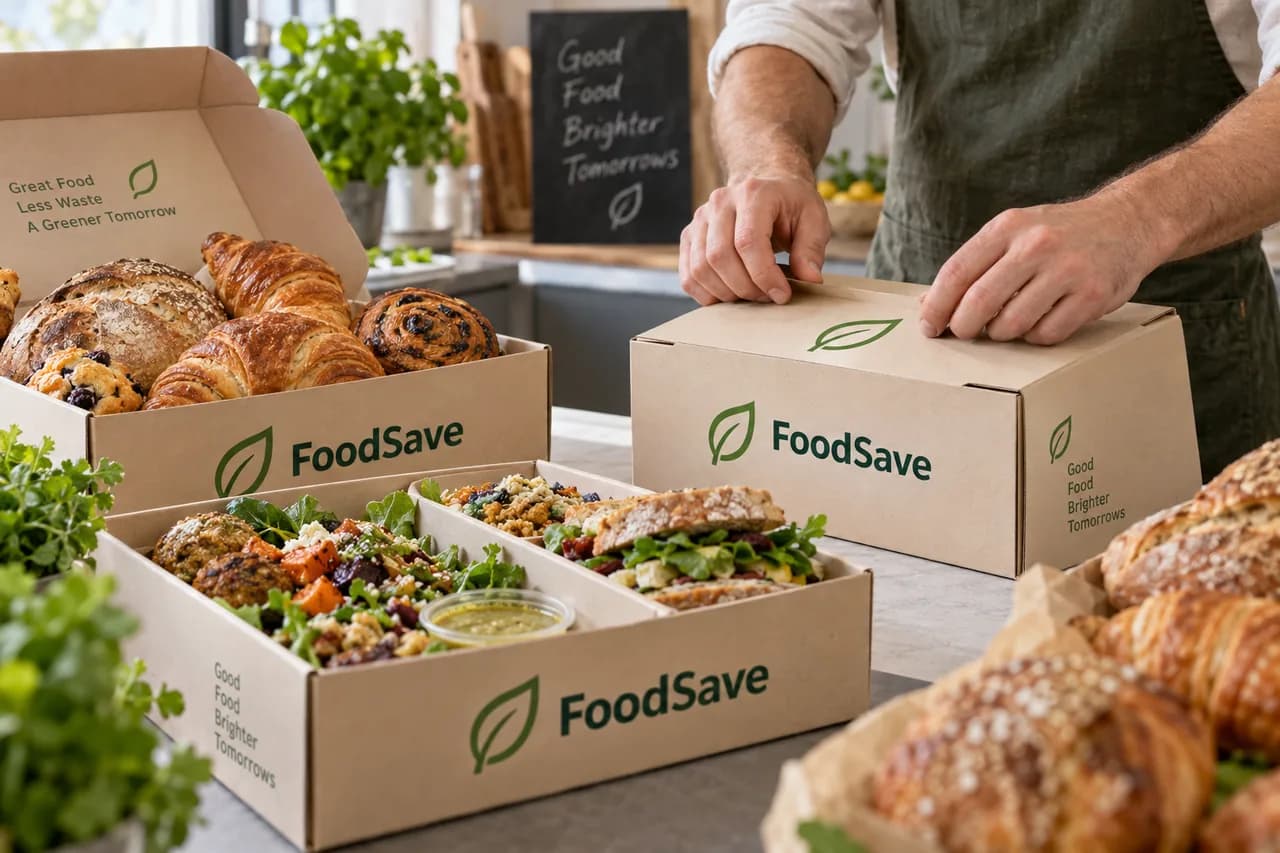 Scène illustrative de pains, pâtisseries et repas dans des boîtes FoodSave.