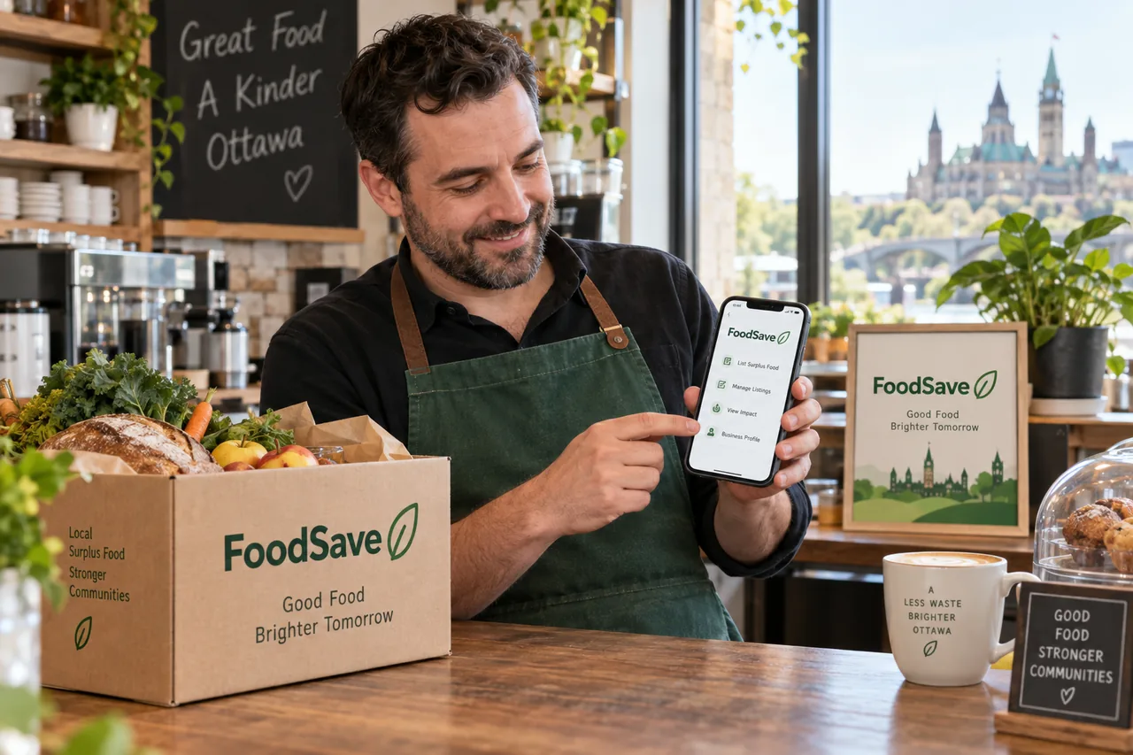 Scène illustrative : un commerçant présente un téléphone près de produits et d’emballages FoodSave.